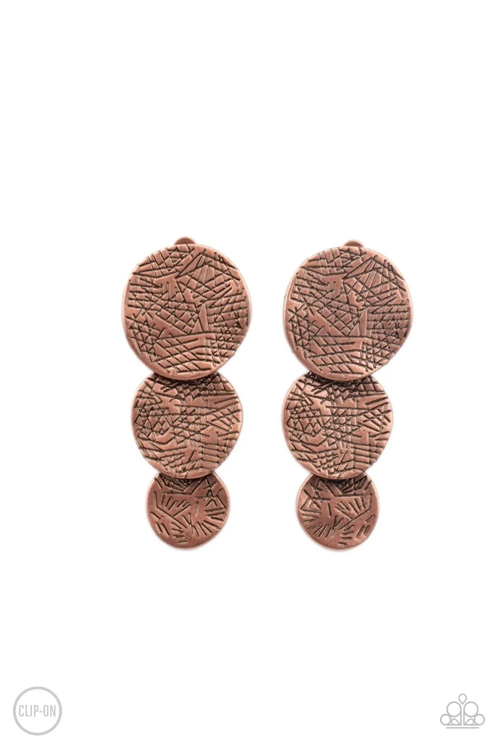 Paparazzi " Ancient Antiquity " Copper Metal Triple Textured Disc Clip-On Earrings