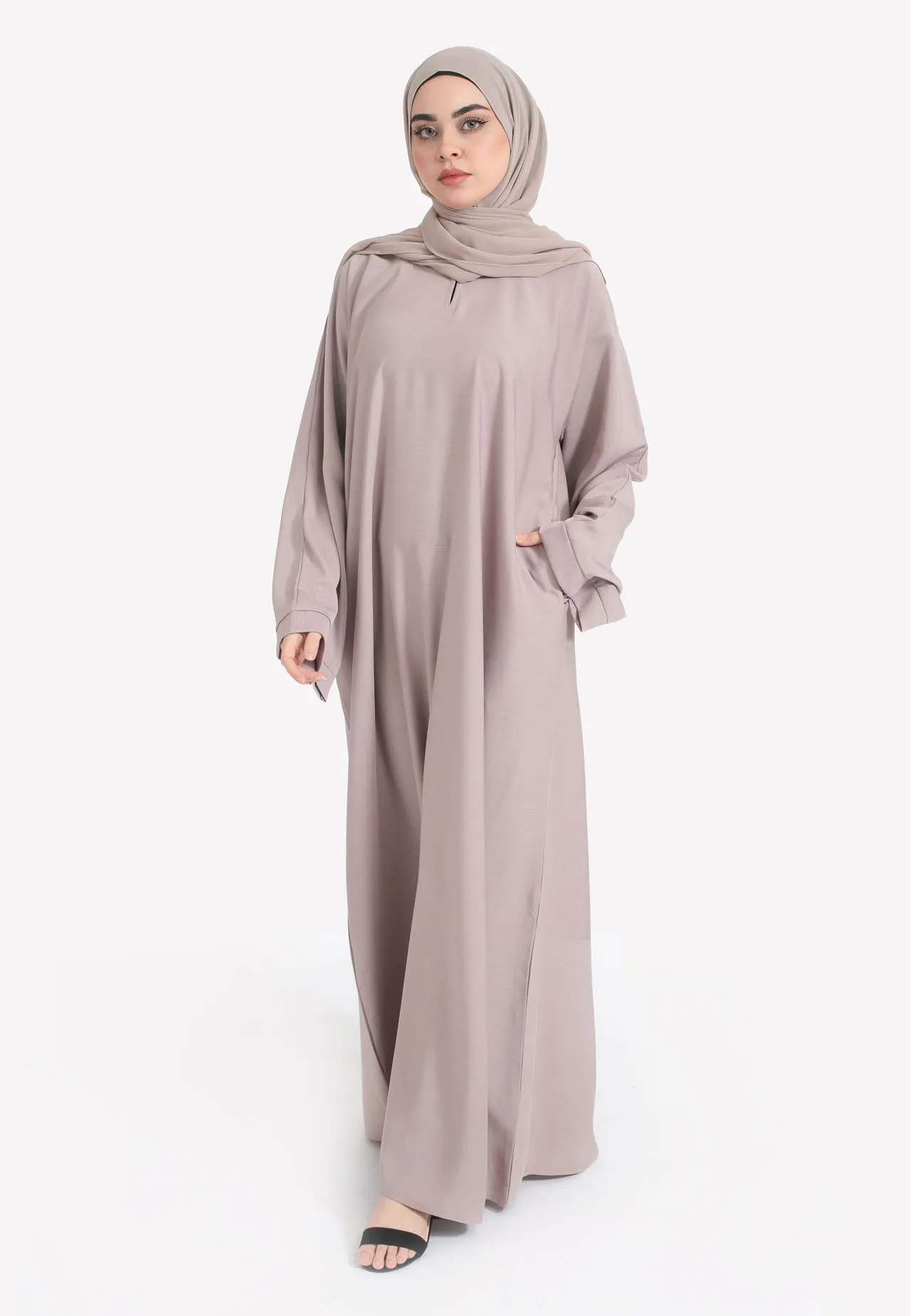 Pastel Mink Textured Abaya With Zip Pockets