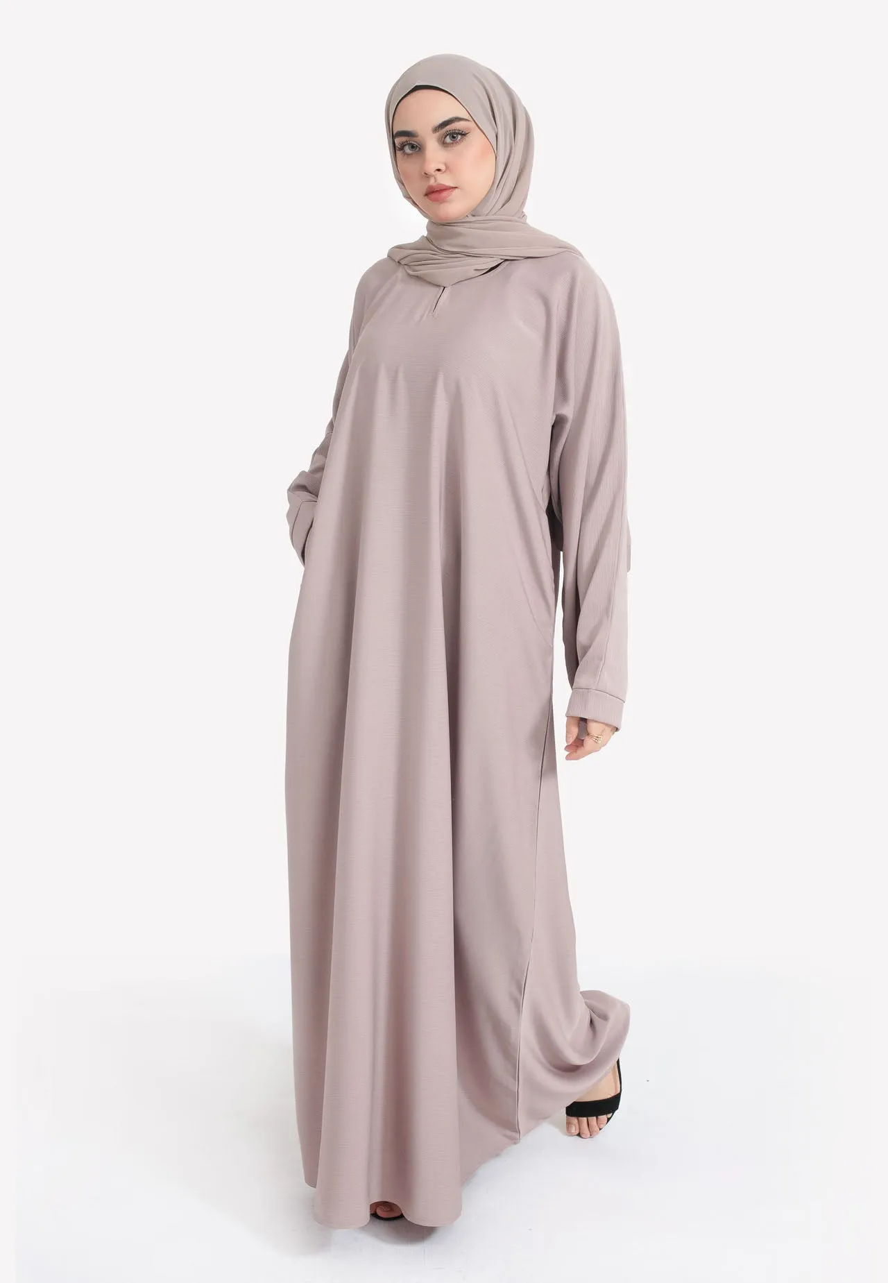 Pastel Mink Textured Abaya With Zip Pockets