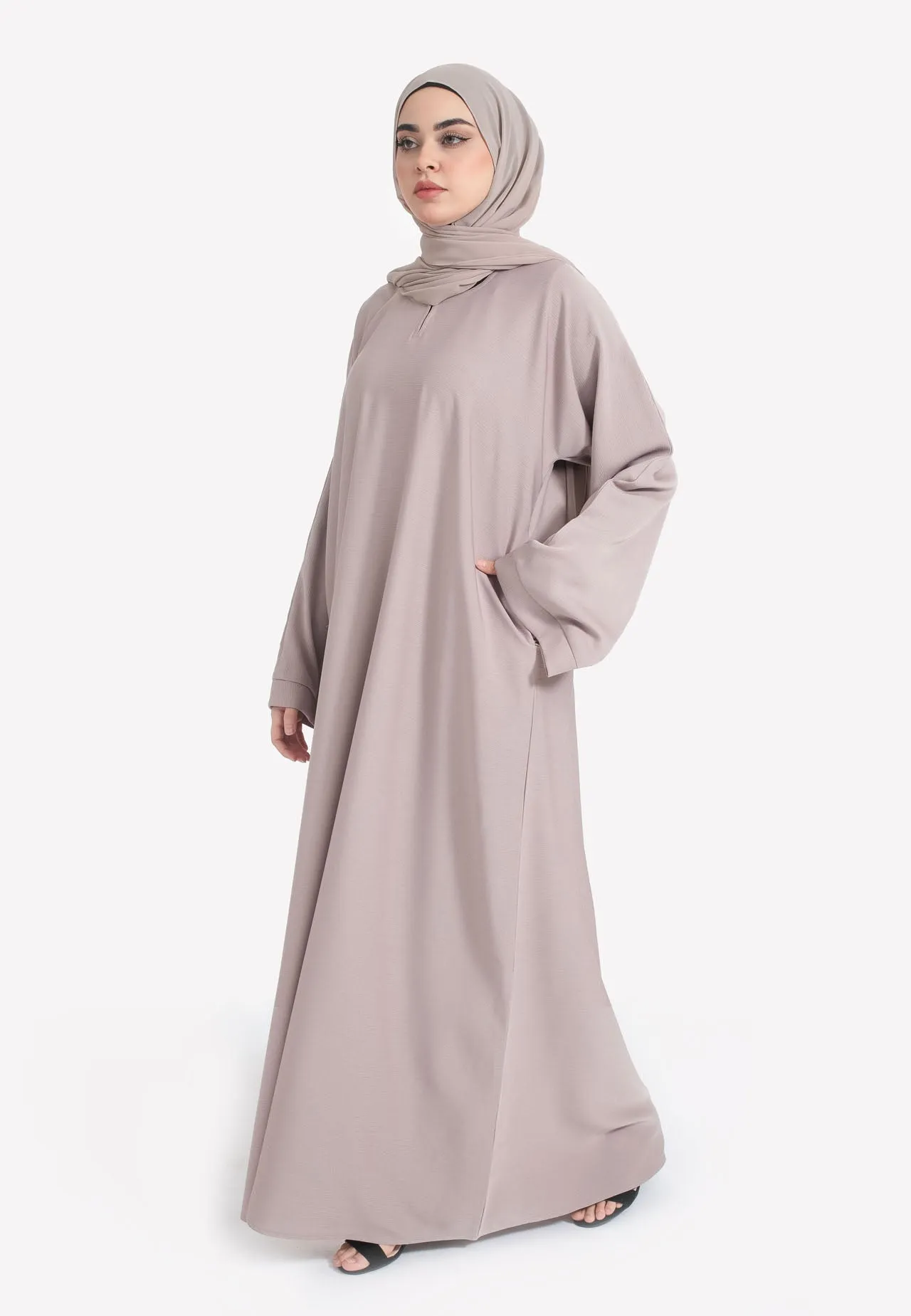 Pastel Mink Textured Abaya With Zip Pockets