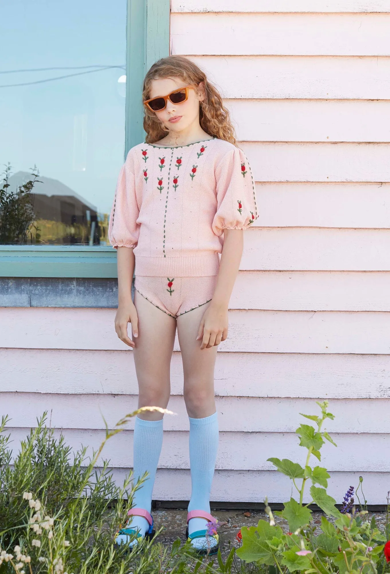 Pink Flowers Knit Shorties by Fish & Kids
