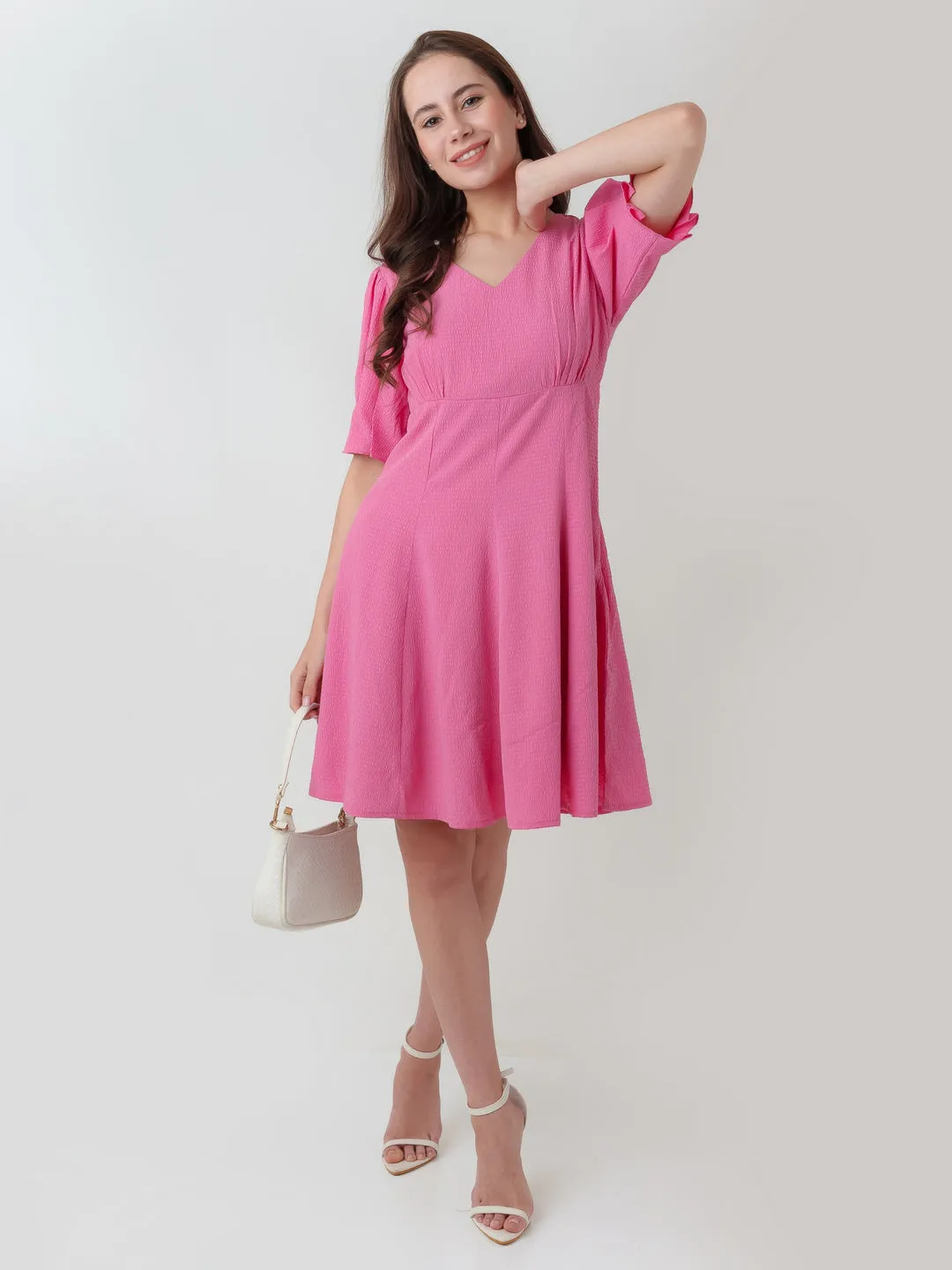 Pink Textured A-Line Short Dress