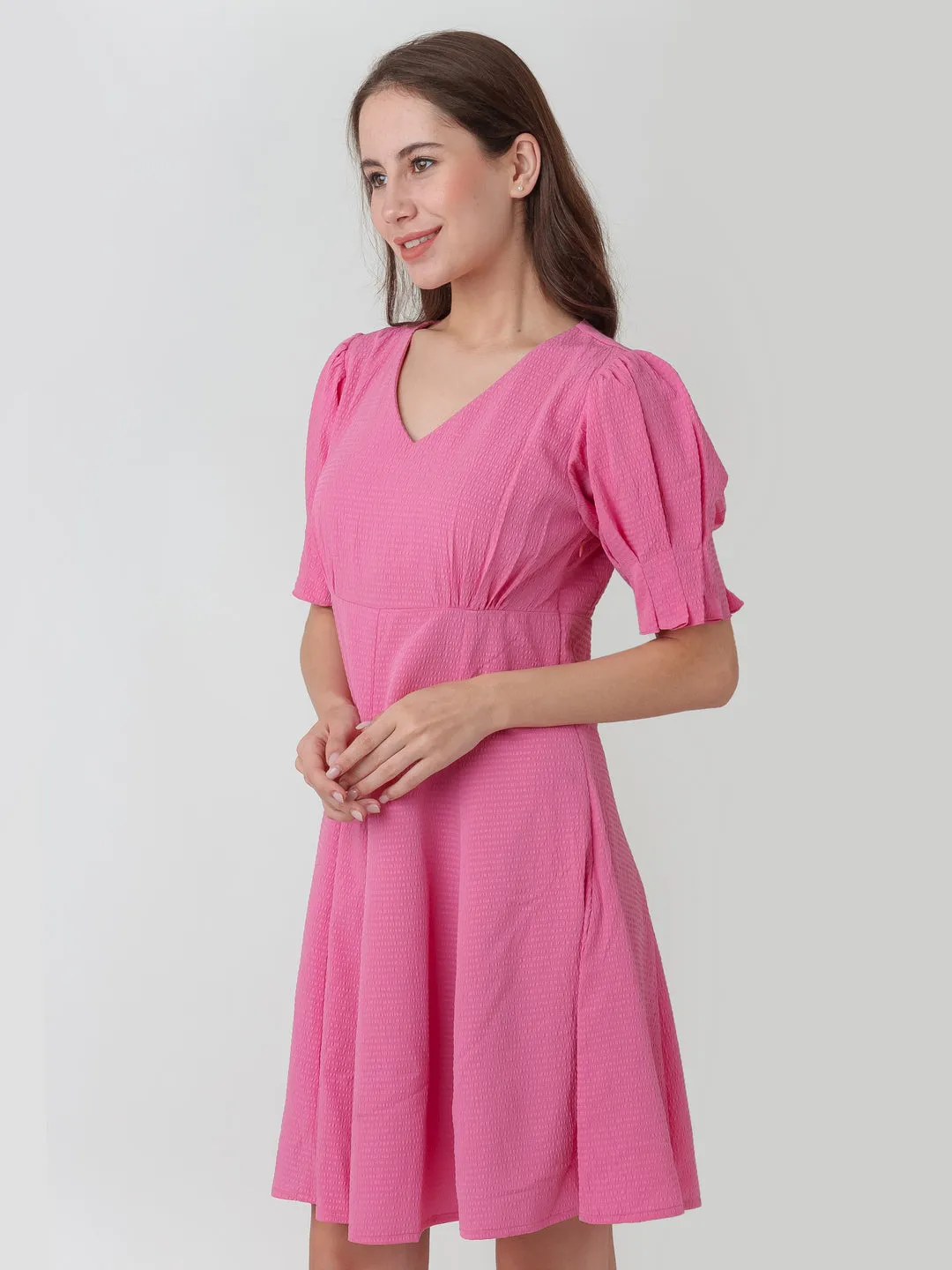 Pink Textured A-Line Short Dress