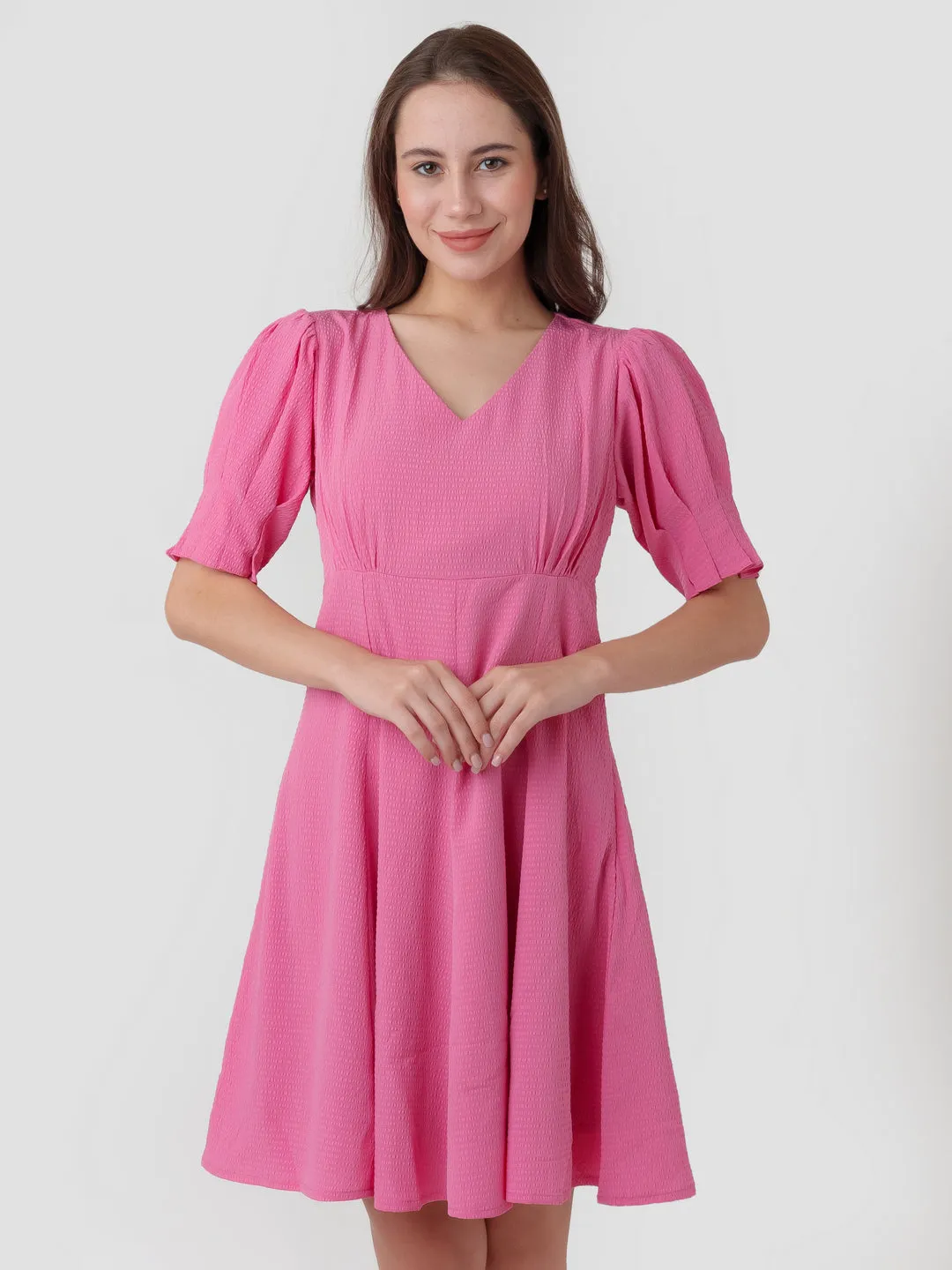 Pink Textured A-Line Short Dress