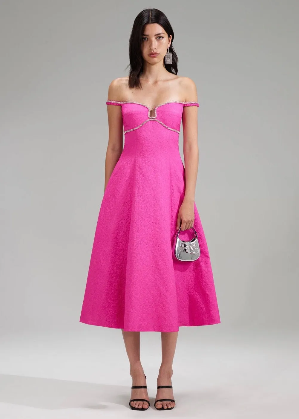 Pink Textured Diamante Detail Midi Dress (Pink)