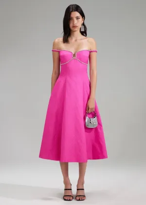 Pink Textured Diamante Detail Midi Dress (Pink)