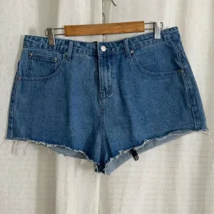 PLT x KARL KANI US12 Medium Vintage Wash Denim Cut Off Raw Fringe Hem Shorts