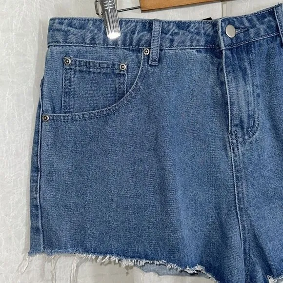 PLT x KARL KANI US12 Medium Vintage Wash Denim Cut Off Raw Fringe Hem Shorts