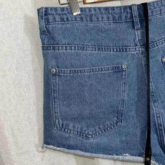 PLT x KARL KANI US12 Medium Vintage Wash Denim Cut Off Raw Fringe Hem Shorts