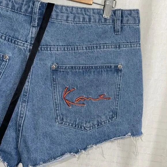 PLT x KARL KANI US12 Medium Vintage Wash Denim Cut Off Raw Fringe Hem Shorts