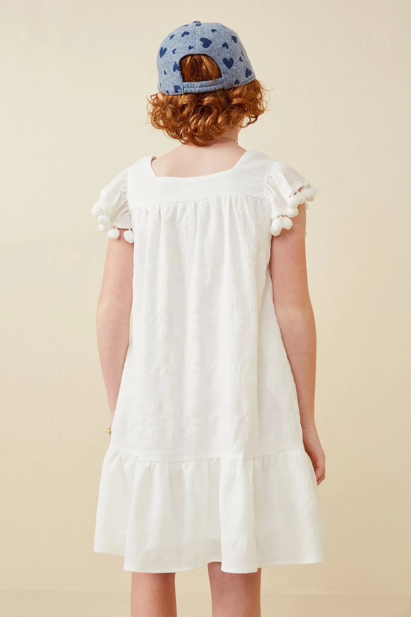 Pompom Detailed Textured Ruffle Sleeve Dress