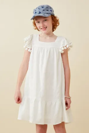 Pompom Detailed Textured Ruffle Sleeve Dress