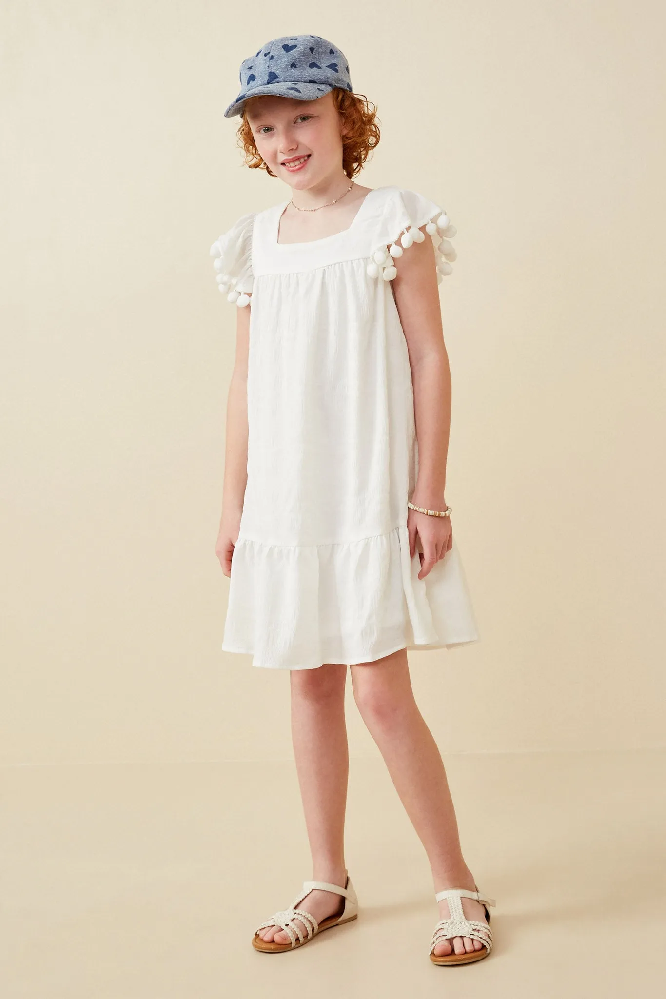 Pompom Detailed Textured Ruffle Sleeve Dress