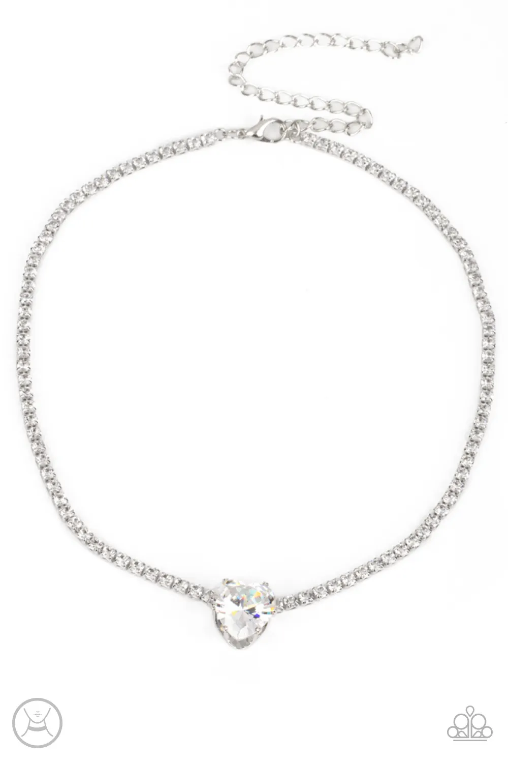 "Flirty Fiancé" Silver White/Clear Rhinestone Chain & Heart Choker Necklace Set