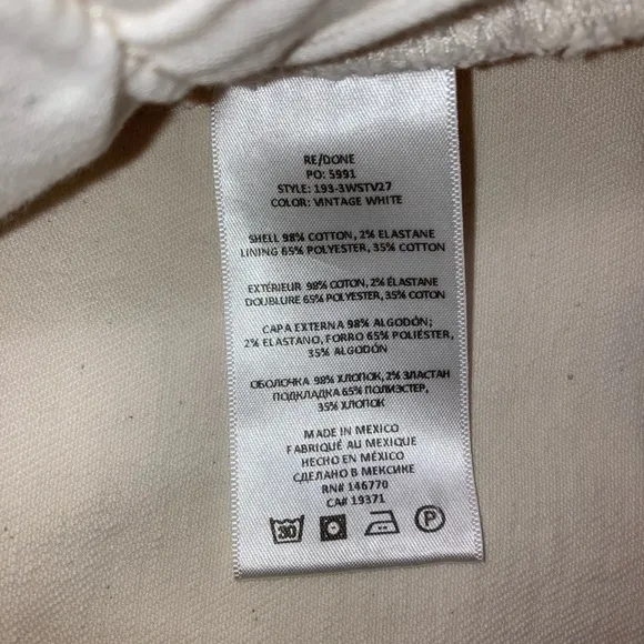 REDONE 70s High Rise Stove Pipe Buttonfly Jeans in Vintage White Sz 27