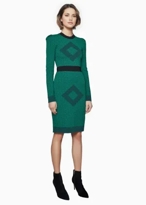 Sage – Diamond Motif Pencil Dress with Long Sleeves