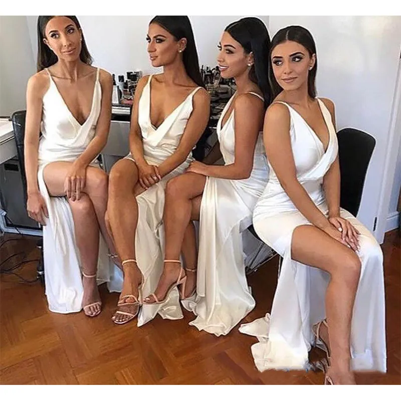 Sexy V-Neck Spaghetti Strap Ivory Long Mermaid Bridesmaid Dress Split Side Floor Length