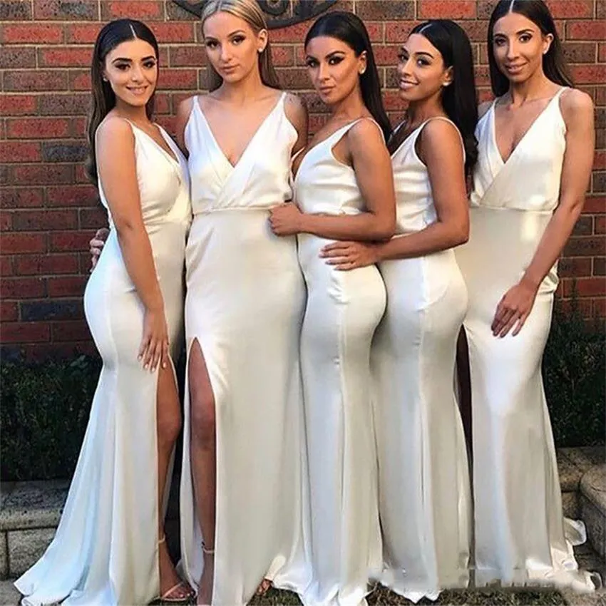 Sexy V-Neck Spaghetti Strap Ivory Long Mermaid Bridesmaid Dress Split Side Floor Length