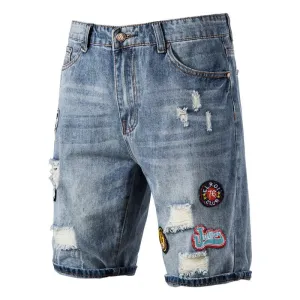 Short en jean décontracté à patch brodé vintage