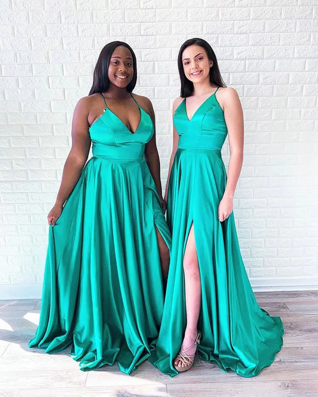 Simple 2019 Red Satin Prom Dresses with V-Neck Long Prom Homecoming Dress Fashion