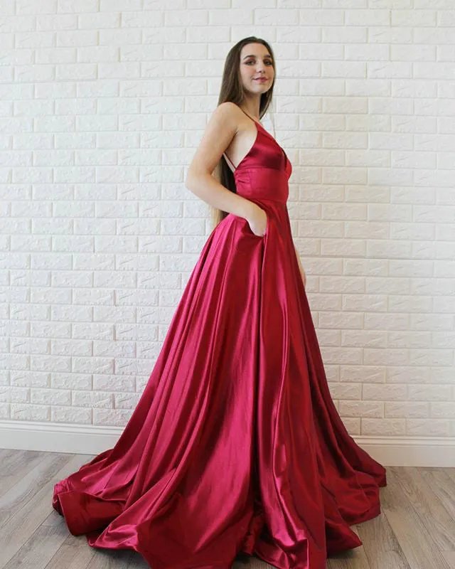 Simple 2019 Red Satin Prom Dresses with V-Neck Long Prom Homecoming Dress Fashion