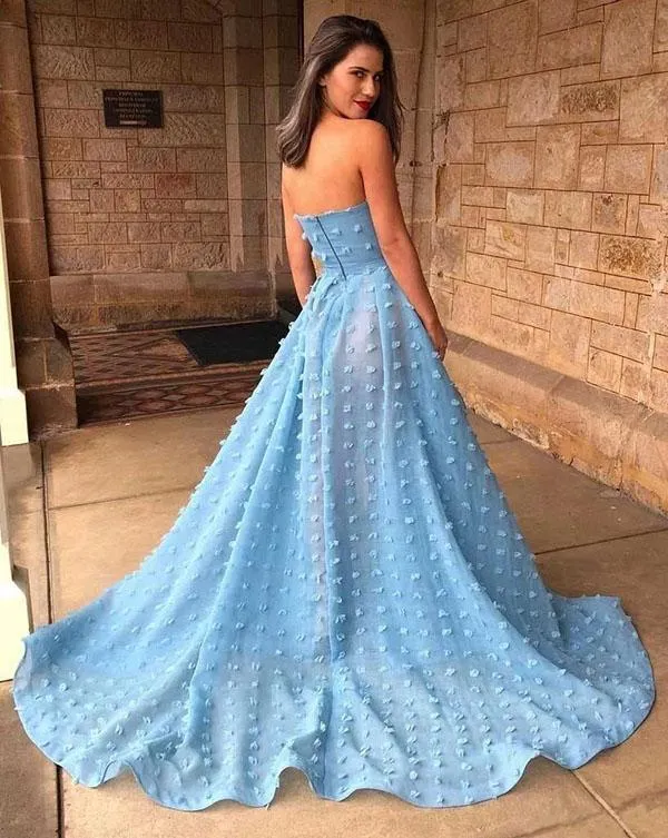 Sky Blue A-Line Off Shoulder Strapless Lace Prom Dresses With High Split, SP628