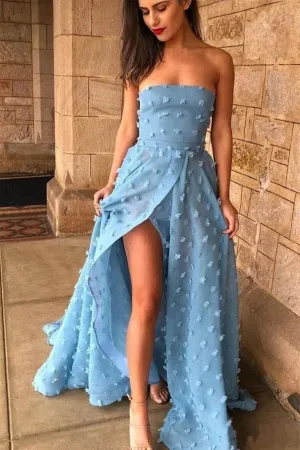 Sky Blue A-Line Off Shoulder Strapless Lace Prom Dresses With High Split, SP628