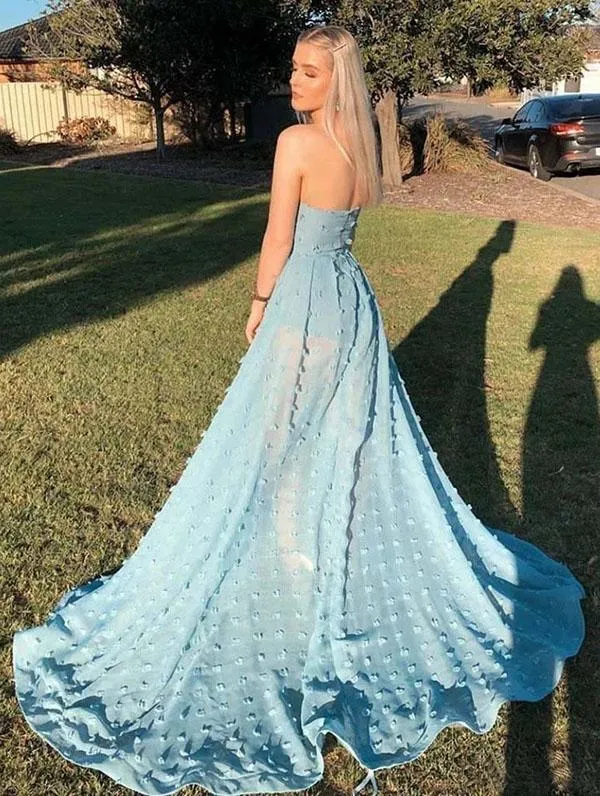 Sky Blue A-Line Off Shoulder Strapless Lace Prom Dresses With High Split, SP628