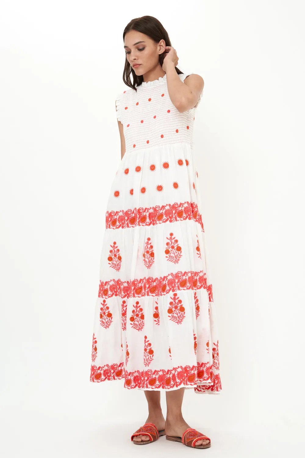Sleeveless Smocked Maxi Dress in Calistoga Coral by Oliphant