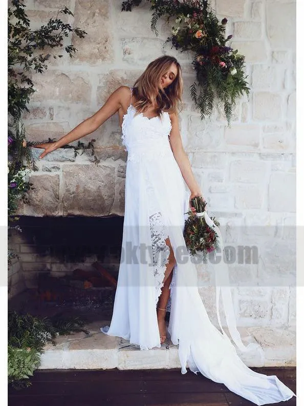 Spaghetti Straps V Neck Side Slit Simple Beach Wedding Dresses, TYP0818