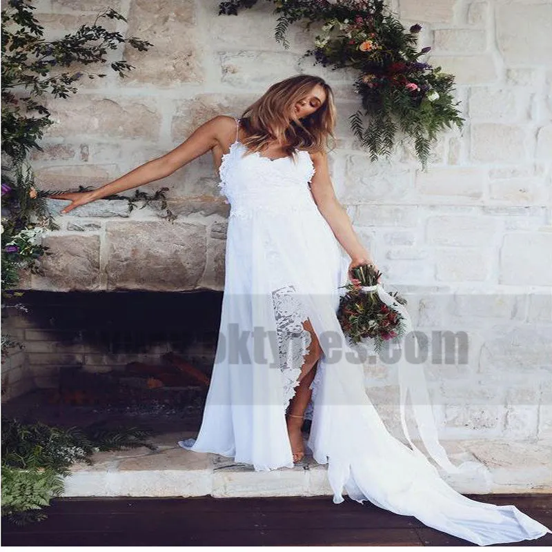 Spaghetti Straps V Neck Side Slit Simple Beach Wedding Dresses, TYP0818