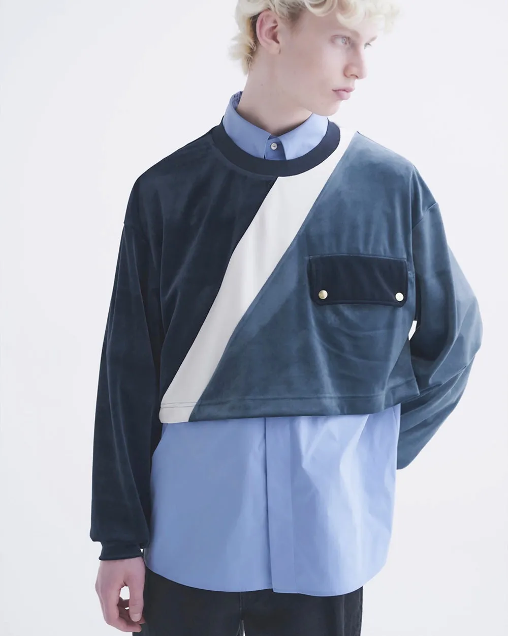 Stretch Velour Bi Color Cropped Pullover - Navy x Blue Green