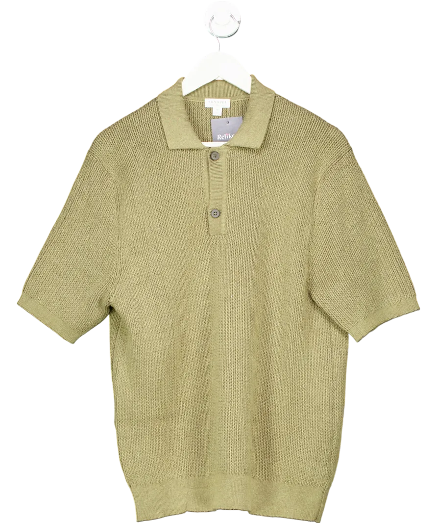 Sunspel Green Textured Knit Polo Shirt UK M
