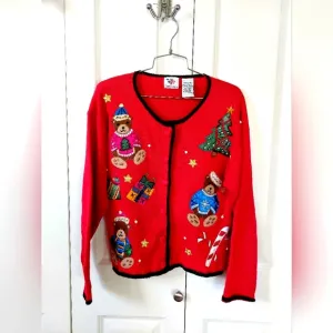 Teddy Bear Christmas Cardigan‎ sz Small Nutcracker Vintage Beaded Sweater