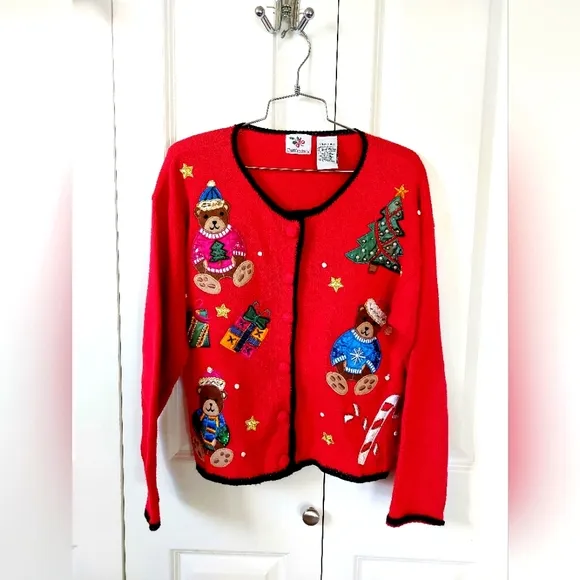 Teddy Bear Christmas Cardigan‎ sz Small Nutcracker Vintage Beaded Sweater