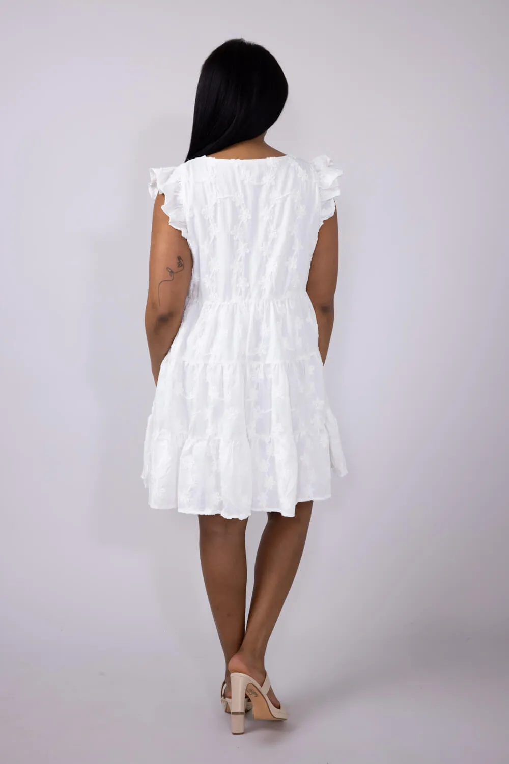 Textured Floral Button Tiered Dress for Women in White | HY7990-WHT