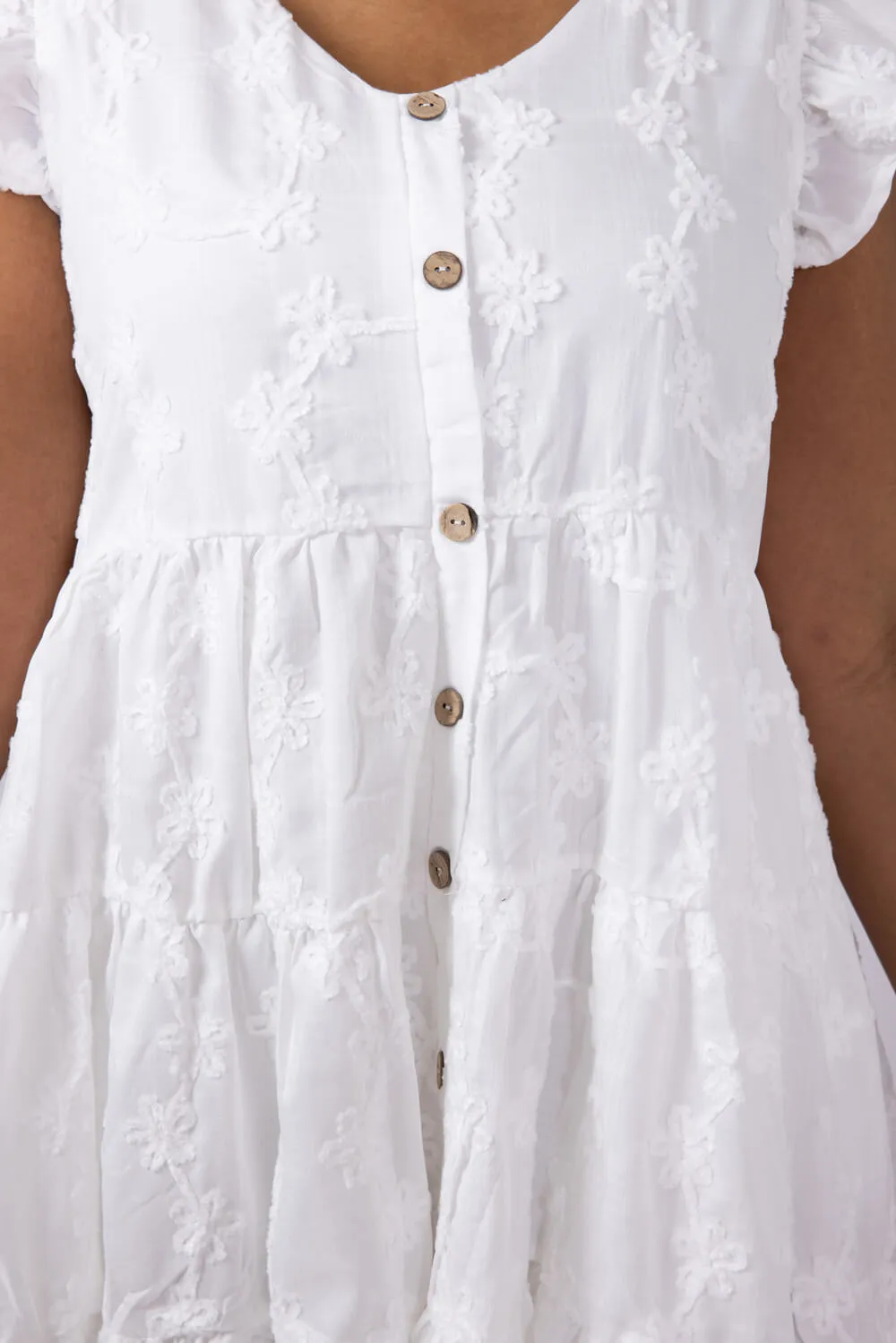Textured Floral Button Tiered Dress for Women in White | HY7990-WHT