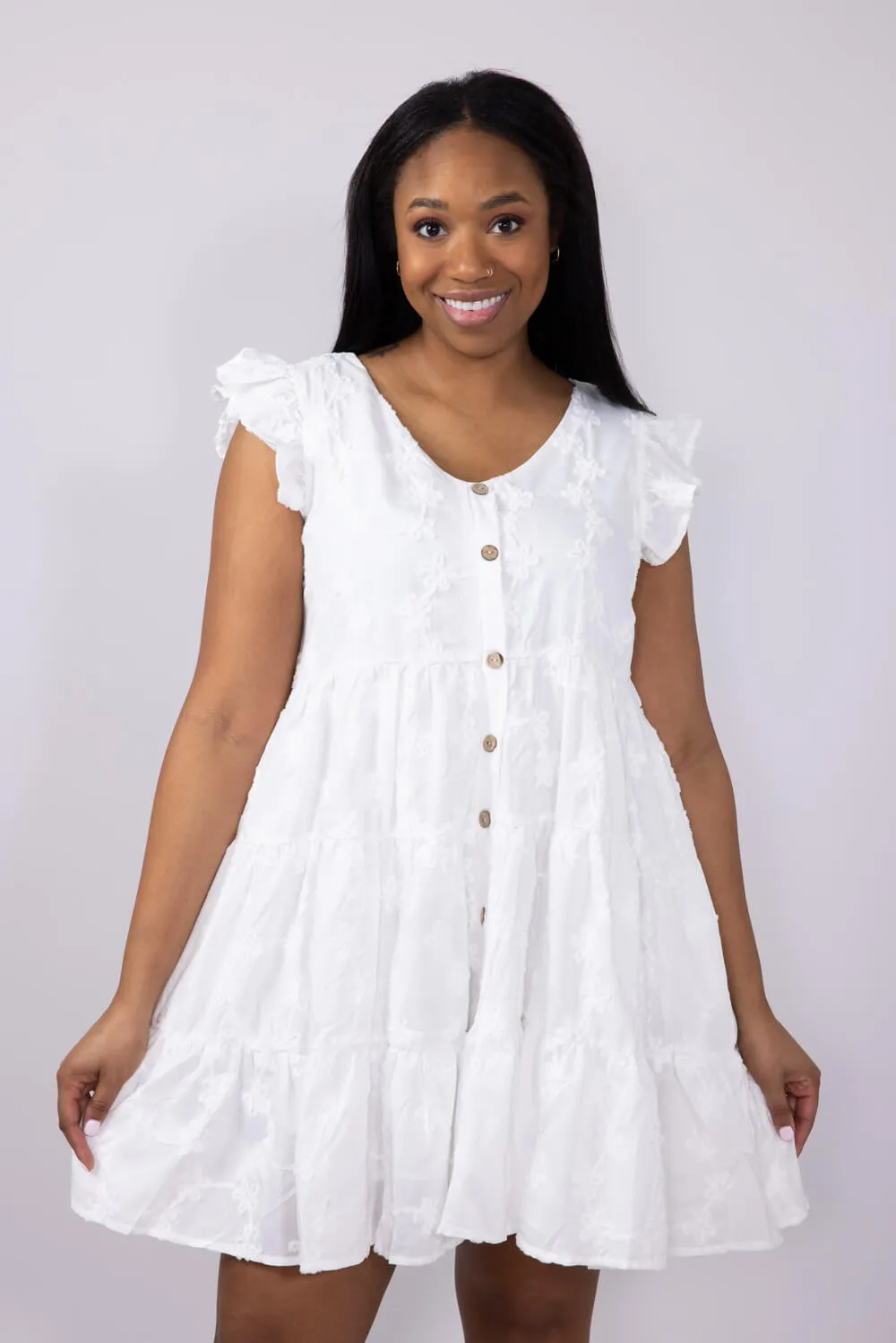 Textured Floral Button Tiered Dress for Women in White | HY7990-WHT