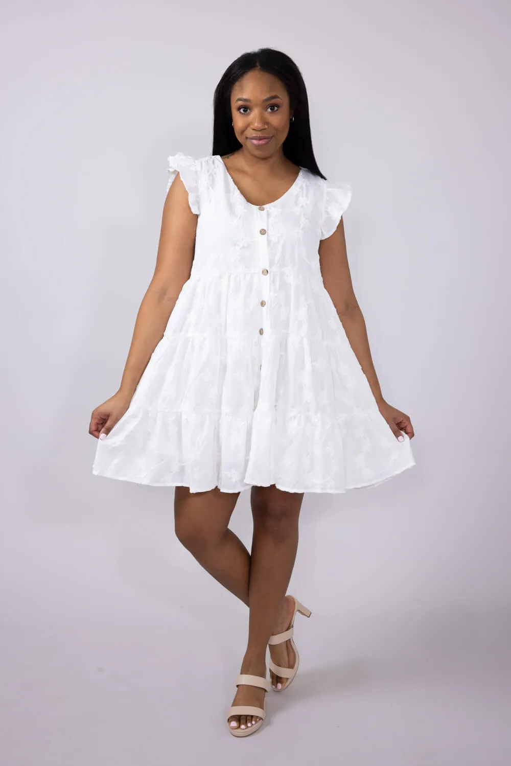 Textured Floral Button Tiered Dress for Women in White | HY7990-WHT