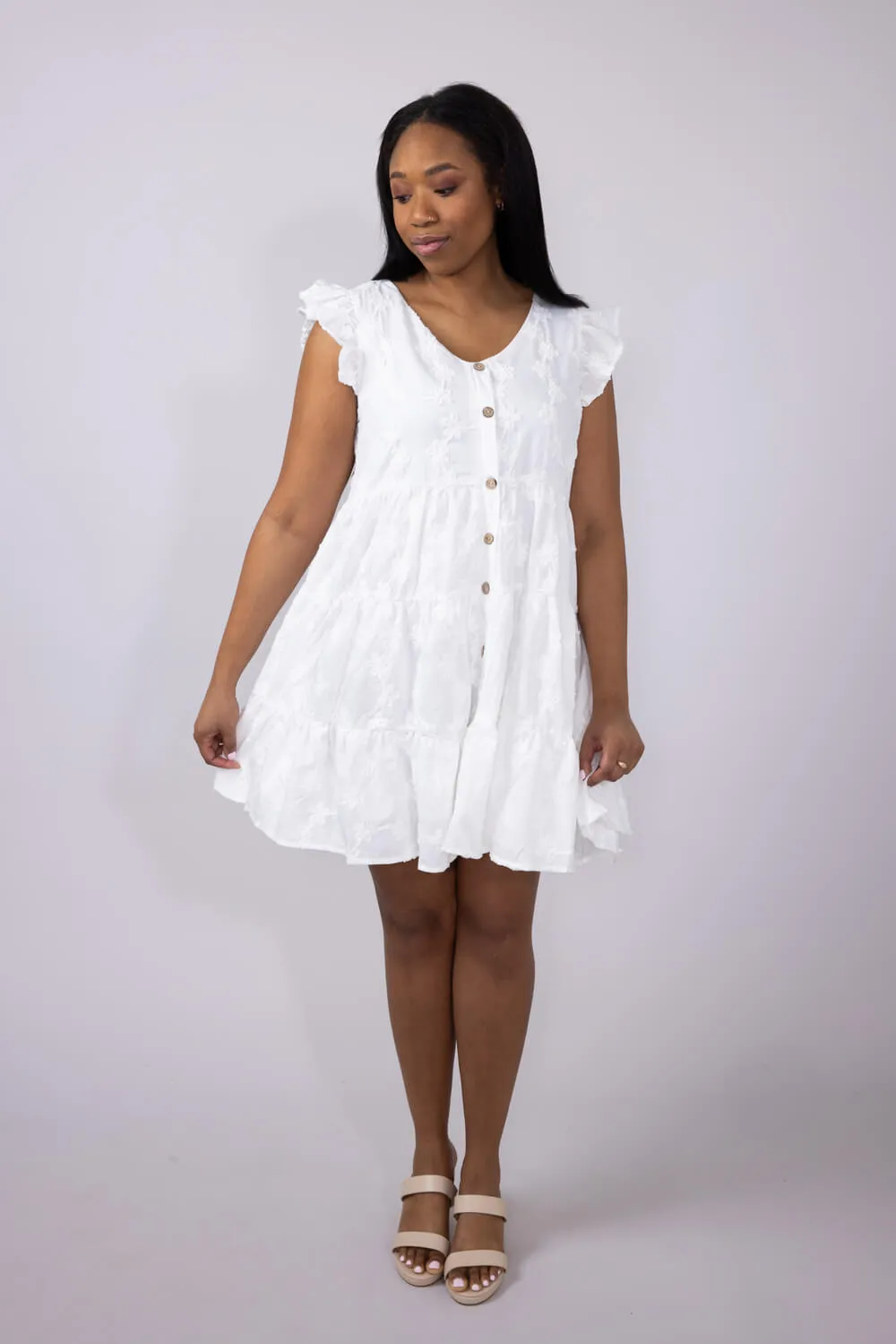 Textured Floral Button Tiered Dress for Women in White | HY7990-WHT