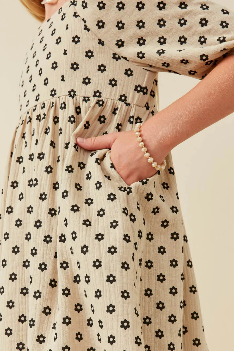 Textured Floral Print Tie Sleeve Dress