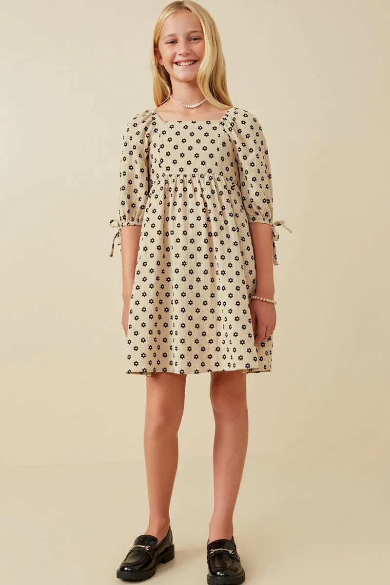 Textured Floral Print Tie Sleeve Dress