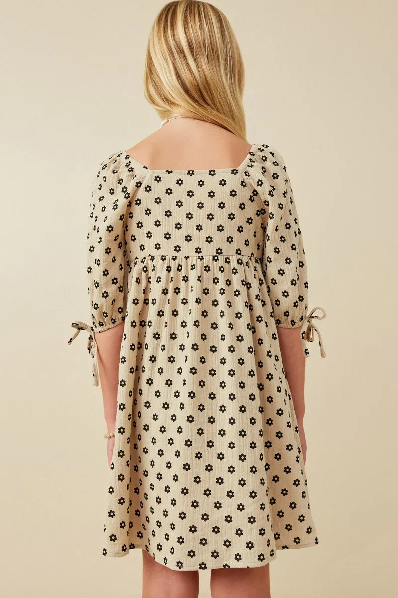Textured Floral Print Tie Sleeve Dress