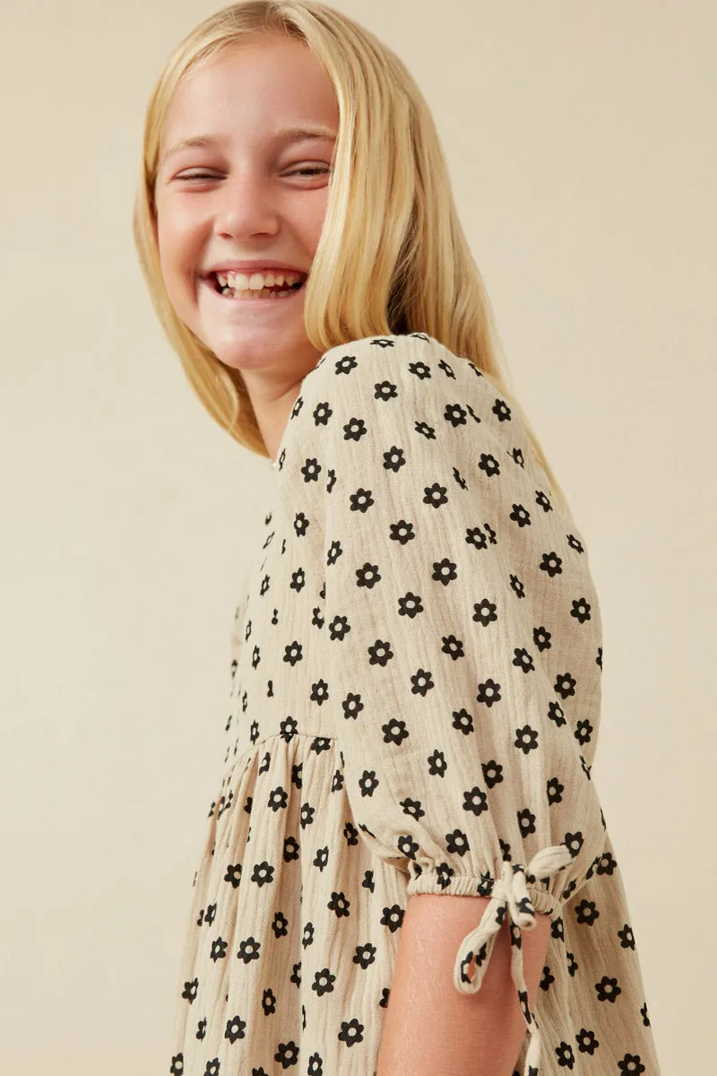 Textured Floral Print Tie Sleeve Dress