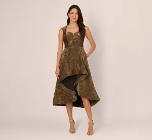 Textured Jacquard High Low Dress With Notched Neck In Metallic Gold