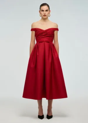 Textured Off Shoulder Midi Dress (Red)