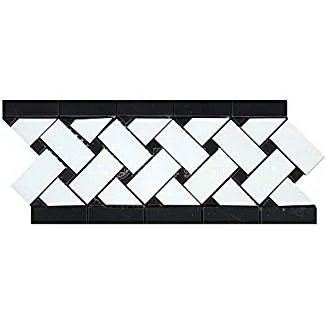 Thassos White Greek Marble Basketweave Border Mosaic Tile with Black Marble Dots, Polished
