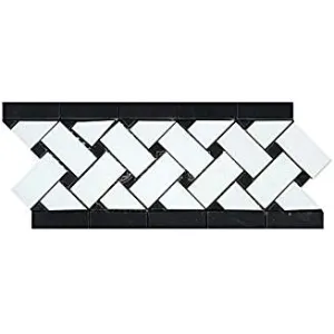 Thassos White Greek Marble Basketweave Border Mosaic Tile with Black Marble Dots, Polished