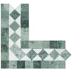 Thassos White Greek Marble BIAS Corner Border / Listello with Ming Green Dots, Polished