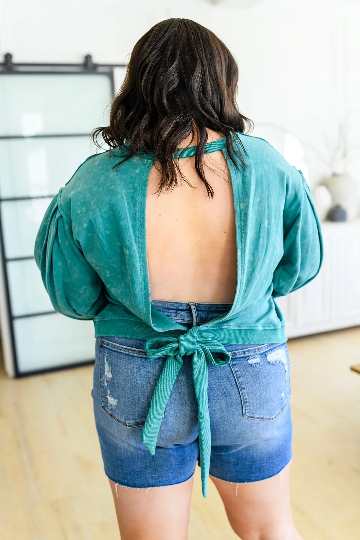 Tied Up In Cuteness Mineral Wash Sweater in Teal!